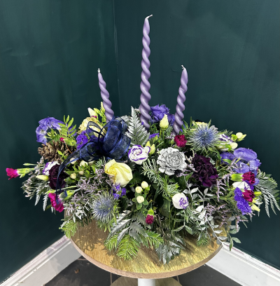 We Three Kings - We Three Kings is our triple candle arrangement, with a rich colour palette of purples, whites, silvers and golds this formal arrangement is part of our alternative Christmas range, making a beautiful gift for friends or family who love Christmas with a modern twist.